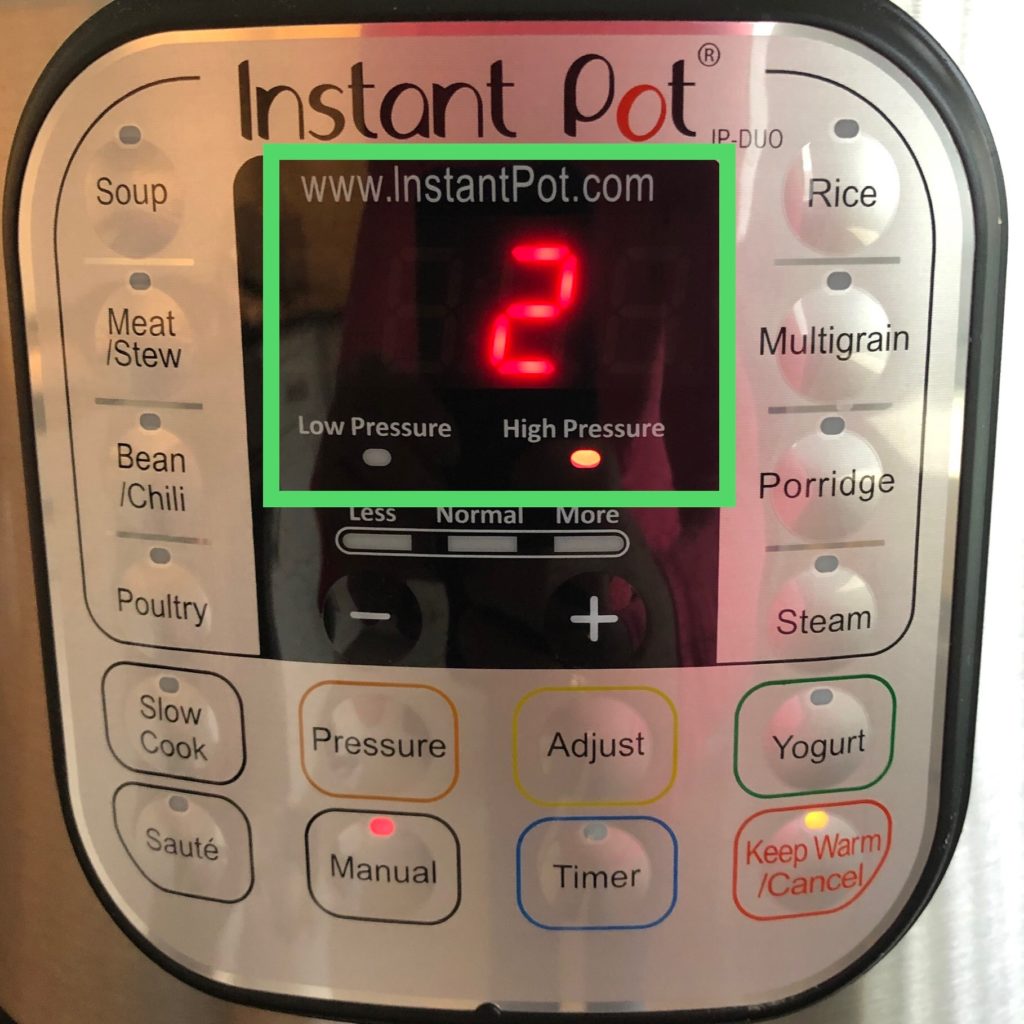 Instant Pot instelling Pressure Cook High voor 2 minuten